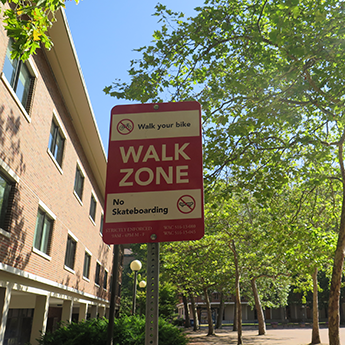 Sign reading Walk Zone, no biking